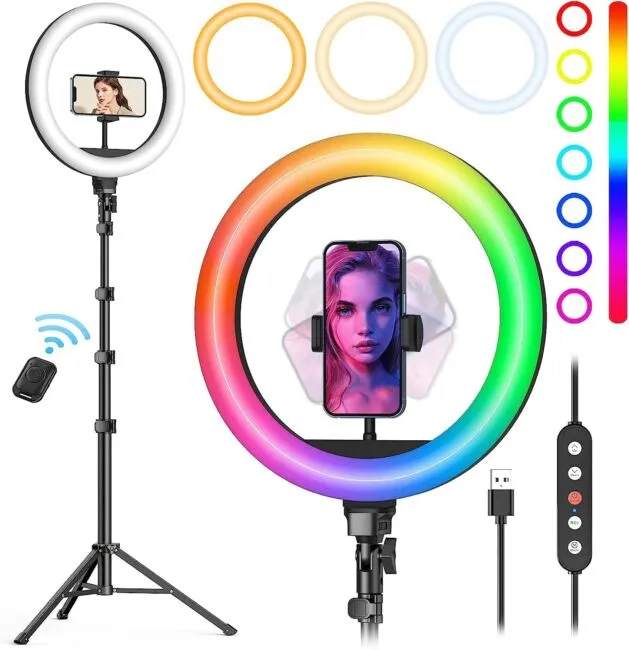 Weilisi 10&#034; Ring Light with Stand 72&#039;&#039; Tall &amp; Phone Holder, 38Color Modes Sel