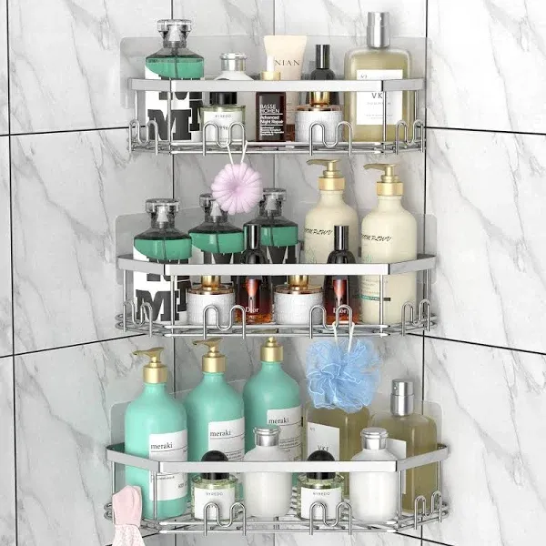 Corner Shower Caddy, Shower Organizer Corner Shower Shelf with 12 Hooks,3-Pac...