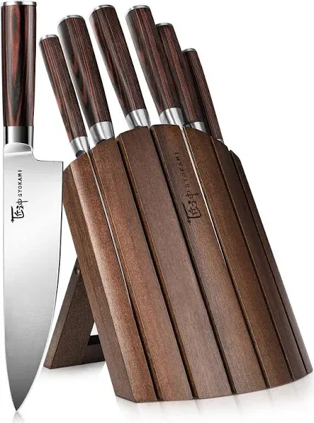 SYOKAMI Knife Set 7 Piece Japanese Style Kitchen Knife Set With Foldable Magnetic Acacia Wood Block Sharp High Carbon Stainless Steel Knives Set