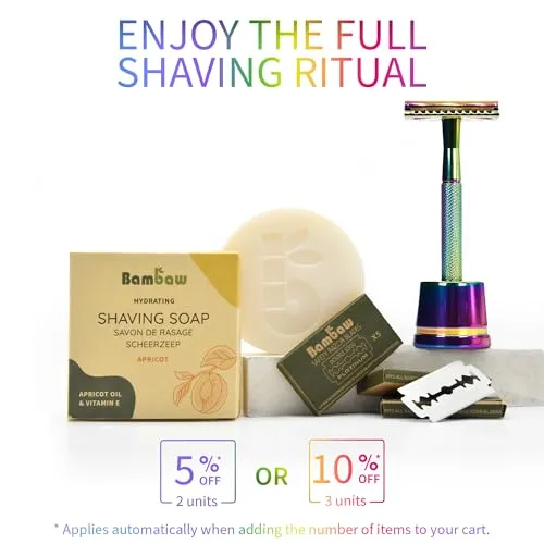 Bambaw Double Edge Safety Razor with 5 Safety Razor Blades, Women & Men’s Safety Shaving Razor, Reusable Razor, Plastic Free – Rainbow