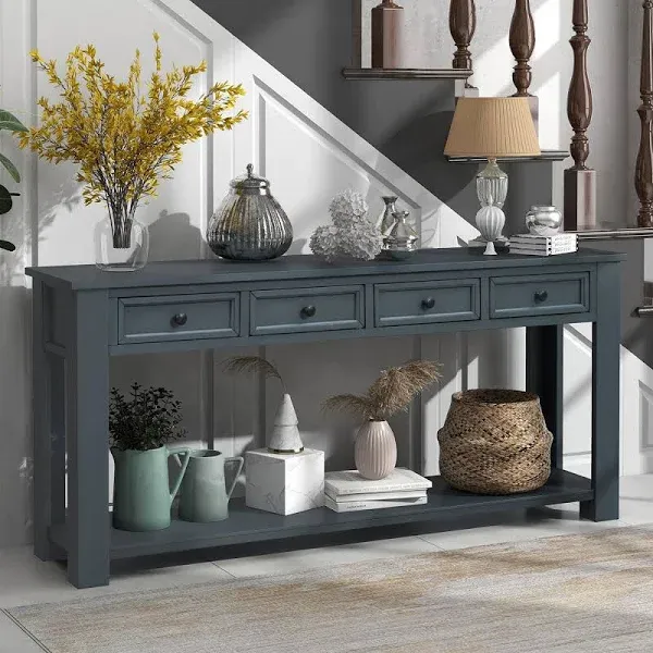 P PURLOVE Console Table for Entryway Hallway Sofa Table with Storage Drawers and Bottom Shelf (Navy)