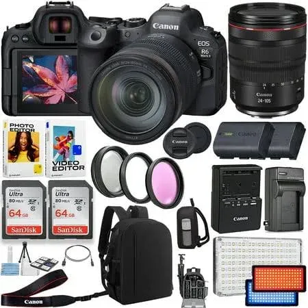 Canon EOS R6 Mark II Mirrorless Camera With 24-105mm f/4-7.1 IS STM And RF 100-400mm f/5.6-8 IS USM Lens + 2PC 128 GB Memory + Hood + Extra Battery + Filters + Tripod + More (32pc Bundle)