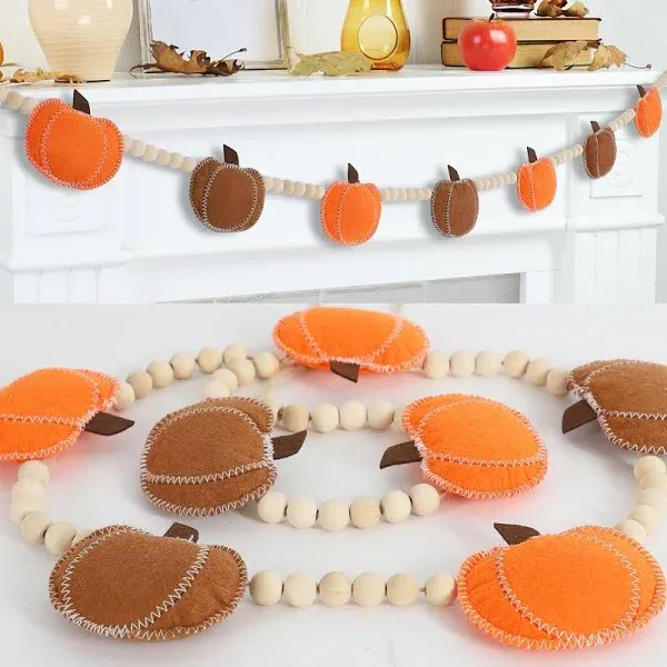 DAZONGE Thankgiving Decorations for Home, Felt Pumpkin Bead Garland for Thanksgiving Decor, Fall Thanksgiving Banner for Mantle Wall Decor