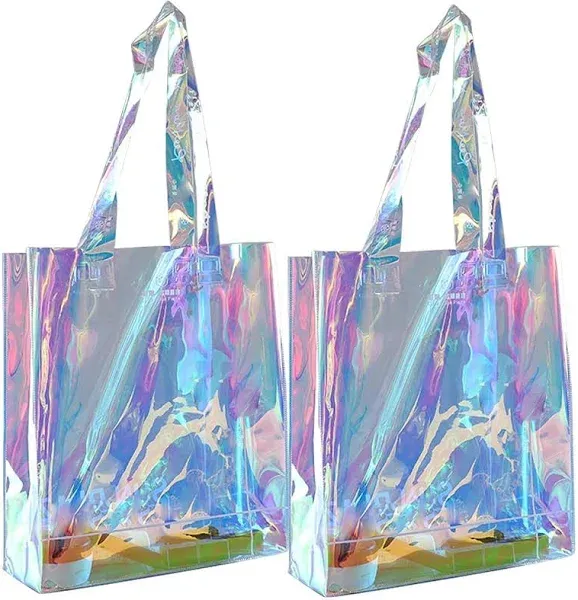 umbresen Clear Tote Bag, 2-Pack Holographic Rainbow Iridescent Handbag for Sports Fan Games, Work, Security Travel, Stadium V