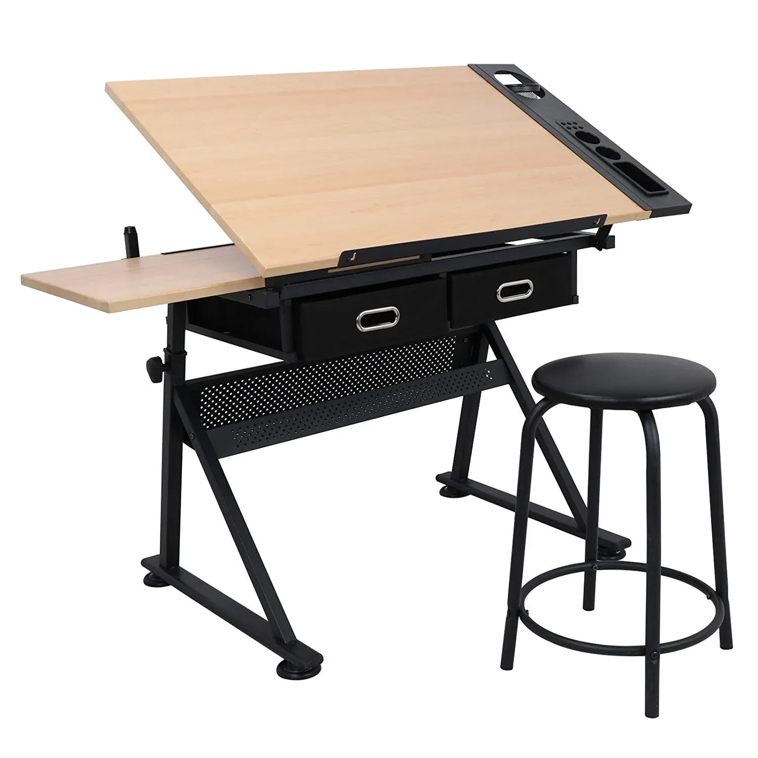 Zeny Adjustable Drafting Draft Desk Drawing Table Work Station w/Stool & Drawer, Size: 55 x 23.62 x 28-35.8, Black