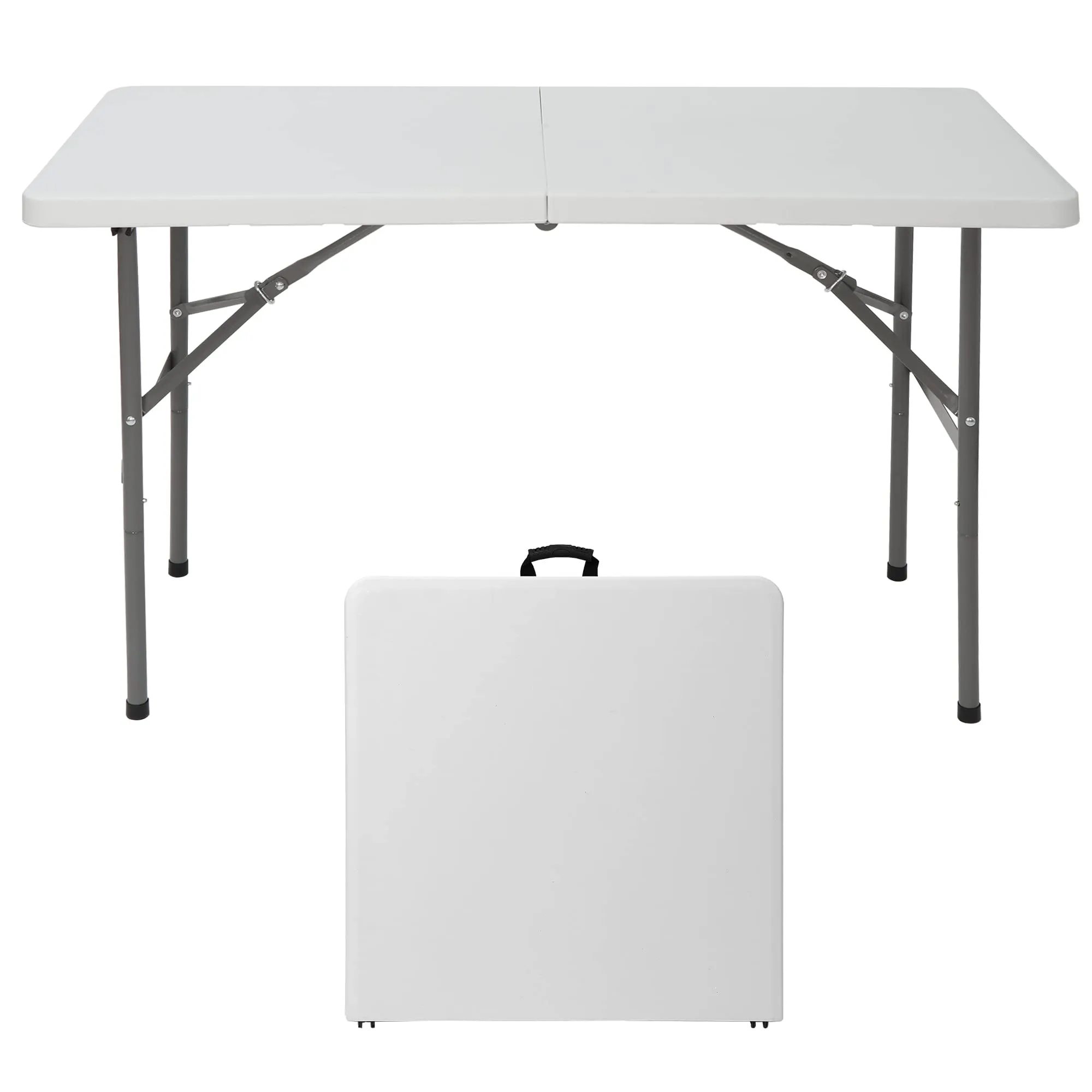 ZenStyle 4 ft Indoor Outdoor Heavy Duty Plastic Folding Table Portable Picnic Table Fold-in-Half Utility Table w/Handle and Steel Legs for Camping, Dining, Party, White