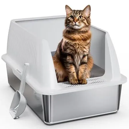 Stainless Steel Litter Box,Xl Metal Litter Box with Lid,14”High Side Cat Litter 