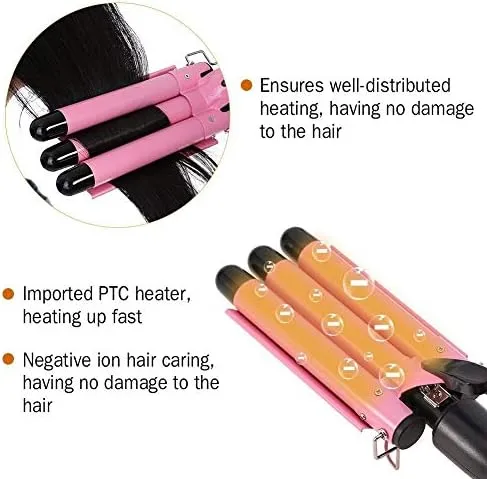 MODVICA 3 Barrel Curling Iron Wand 26mm Hair Waver Temperature Adjustable Ceramic Hair Curling Iron (Pink)