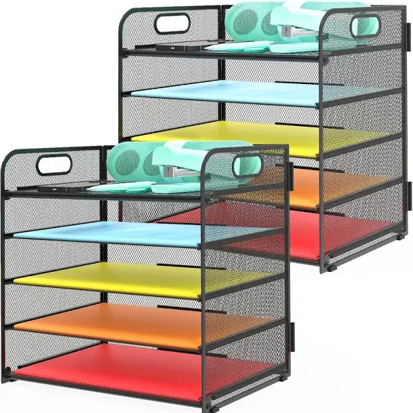 2 Pack 5-Tier Desk Organizer with Handle Mesh Desk File/Paper Organizer Letter Tray for Office, School and Home Easy Installation,Black