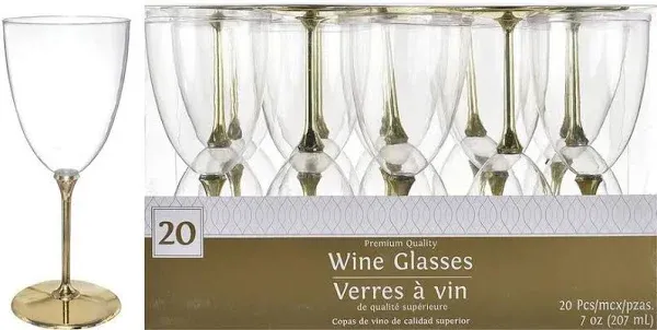 Party City Premium Quality Plastic Wine Glasses With Stems, Gold (20 ct)