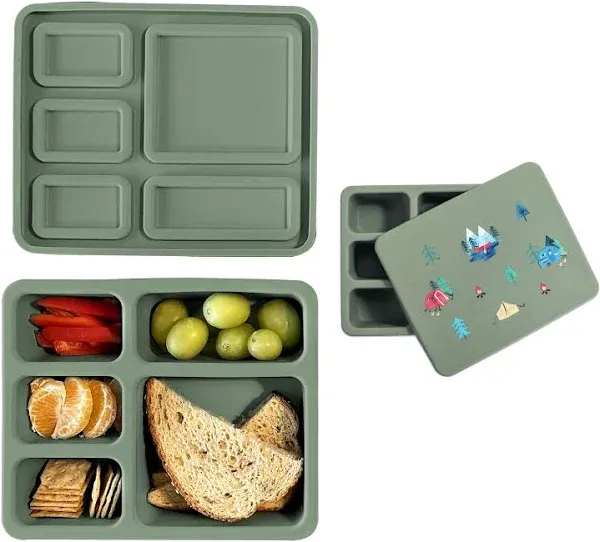 Austin Baby Co Bento Lunch Box for Toddler and Kids – Silicone Lunch Container with 5 Leak-proof Compartments – Food-Safe Materials, Sturdy, Dishwasher Safe, and BPA Free (Camper Sage Green)