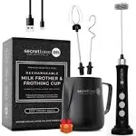 Secretbase Rechargeable Frother Mixer, Black Pitcher and Charging Base - 3 Speed Electric Milk Frother Handheld - Includes Cup, Frother for Coffee, Tiny Egg Beater, Electric Stirrer(Black Edition)