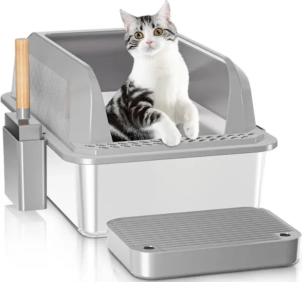 Stainless Steel XL Large Cat Litter Box, with High Walls Enclosure Lid & Non-Slip Rubber Mat, Odor Control, Easy to Clean, Metal Rust Proof, for a Safe and Private Kitty Cats/Pet Experience