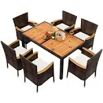 Shintenchi 7 Piece Patio Dining Set, Wicker Patio Conversation Set with Wood Table Top, Outdoor Table and Chairs with Soft Cushions for Backyard