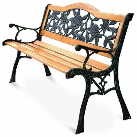 Costway Patio Park Garden Bench Porch Chair Cast Iron Hardwood