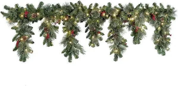 Haute Decor 6 Foot Christmas Pre-lit Holiday Swag for Fireplace Mantels with 100 Energy-Efficient Soft White LED Lights, Faux Berries, Real Pinecones and Built-in Timer