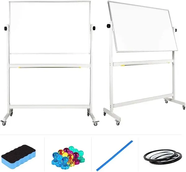 Flybold Rolling Whiteboard with Stand 48x32" Large - Portable White Board on Wheels Double Sided - Wall Mount or Mobile Dry Erase Board with Accessories for Home Office Presentation, Writing, Coaching