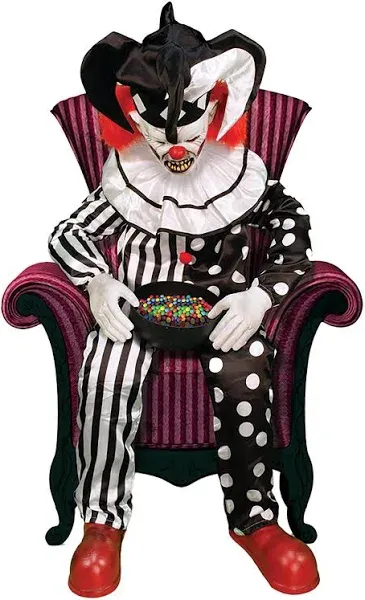 Haunted Hill Farm Hartley The Sitting Scare Clown by Tekky, Motion-Activated Talking Jump-Scare Halloween Animatronic for Halloween Party Prank Decoration, Plug-in or Battery Operated Halloween Props