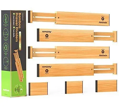 ANTOWIN Bamboo Drawer Dividers Organizers, Drawer Separators Splitter,13-17 Inches Long Adjustable Spring-Loaded Organizer for Large Utensil, Clothes,