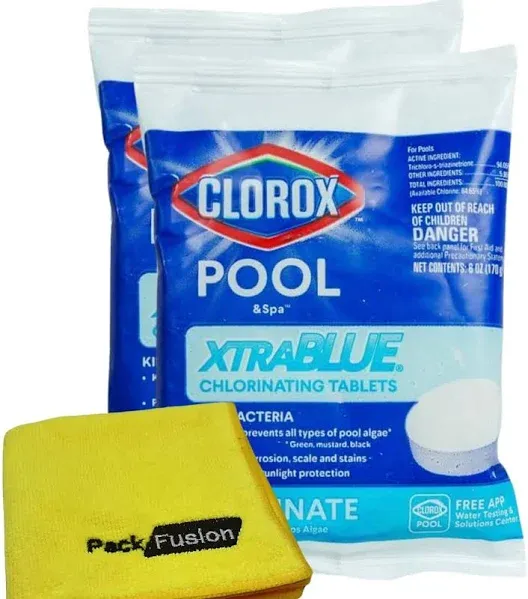 Pool Care Bundle: 2 Pack Clorox-Pool&Spa Xtra Blue 3" Long-Lasting Chlorinating Tablets Individually Wrapped Bundle with PackFusion Microfiber Cloth