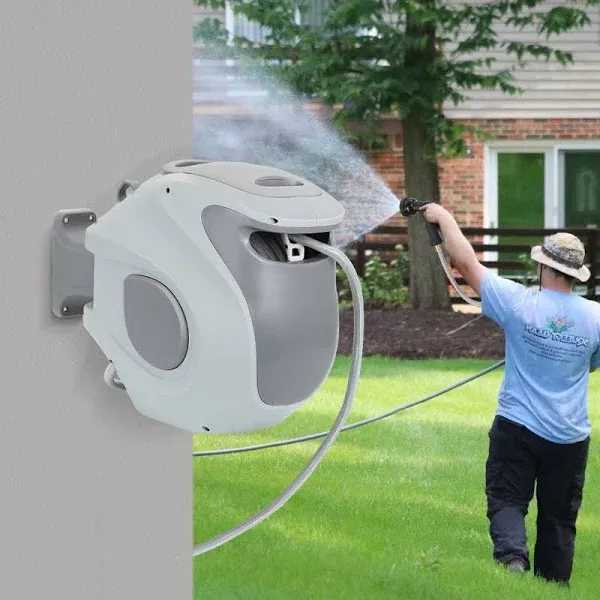 DEWENWILS Retractable Garden Hose Reel with Wall Mount 1/2"×100ft with 7-Pattern Spray Nozzle, Any Length Lock, 180°Swivel Bracket, Auto Rewind Water Hose Reel for Outdoor Watering