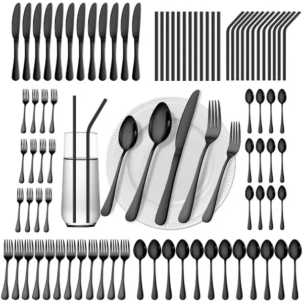 84 Pieces Black Silverware Set Service for 12 Flatware Set with Straws Stainl...