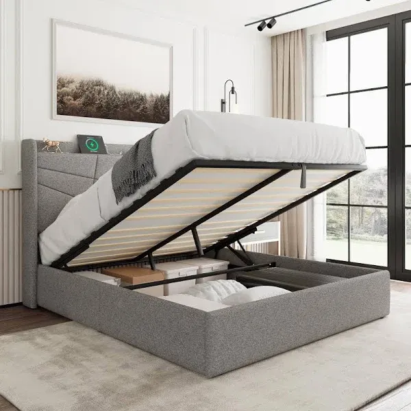 Ipormis Size Bed Frame with Lift Up Storage & Charging Station