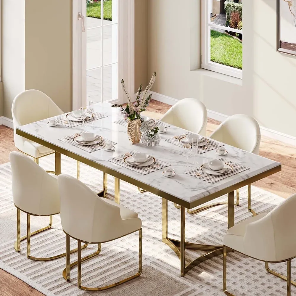 POVISON Modern Marble Dining Table with White Rectangular Tabletop Gold Stainless Legs