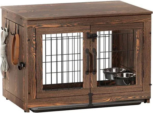 Piskyet Wooden Dog Crate Furniture with 360°Rotatable Removable Dog Bowls, Dog Crate End Table with Tray, Double Doors Dog Kennels for Dogs(XL:43.2" L*28.6" W*30.3" H, Marble White)