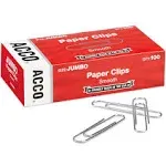 Acco Paper Clips, Jumbo, Smooth, Silver, 100 Clips/Box, 10 Boxes/Pack