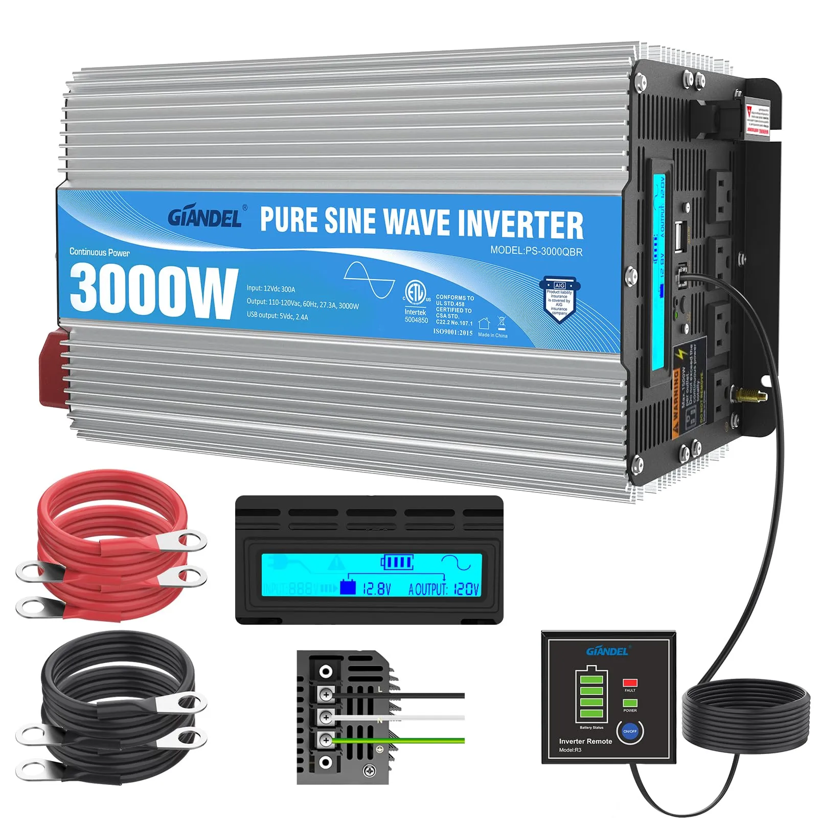 GIANDEL Pure Sine Wave Power Inverter 1500 Watt Upgraded with FCC Approval Converts DC 12V to AC 120V with LCD Display 3xAC Outlets & Remote Controlle