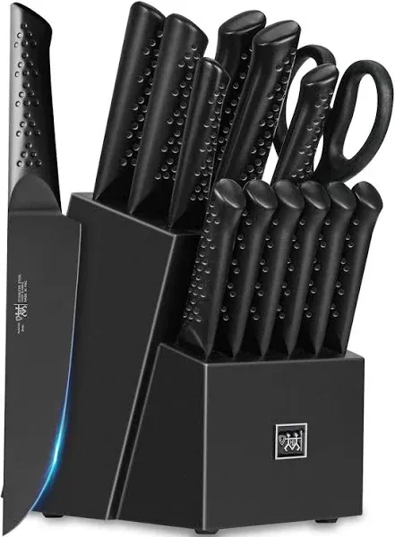 HUNTER.DUAL Knife Sets for Kitchen with Block, HUNTER.DUAL 15 Piece Knife Set with Built-in Sharpener, Dishwasher Safe, German Stainless Steel, Elegant Black