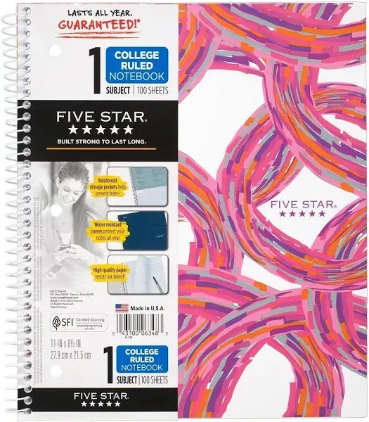 Five Star Spiral Notebook + Study App, 1-Subject, College Ruled Paper, 11" x 8-1/2", 100 Sheets, Design Will Vary (06348)