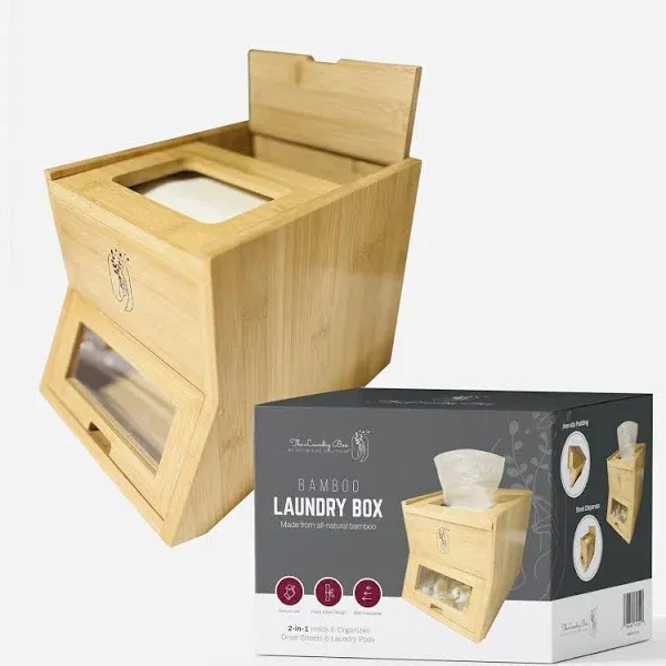 Laundry Pods Container, Disposable Face Towel Holder, Dryer Sheet Holder, Convenient Top & Front Dispenser, Simple Storage & Organization, Durable All-Purpose 2in1 Luxe Bamboo Box