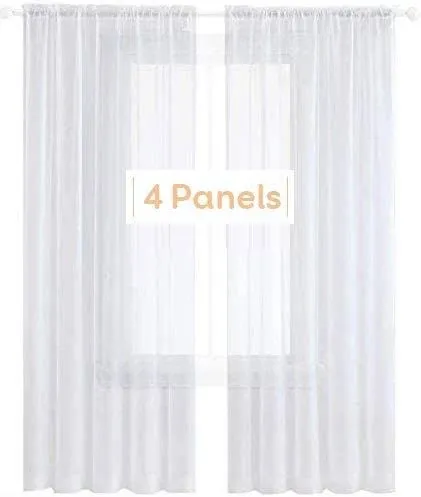 4 Panels White Sheer Curtains 96 inches Long Rod Pocket Voile Semi Privacy