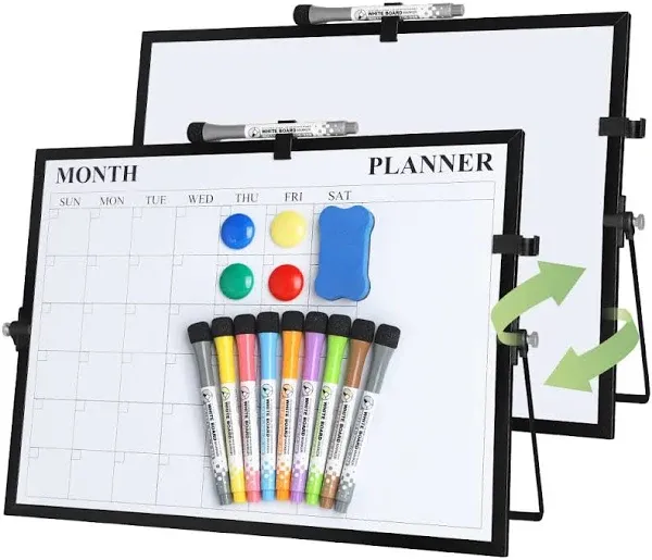 White Board, Jorking Dry Erase Calendar 16”x12” Magnetic Desktop Whiteboard with Stand, Monthly whiteboard for Wall Portable Double-Sided Dry Erase Board for Kitchen, Office, School, Gift idea, Black…