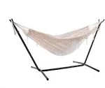 Vivere Double Hammock w/ Tri-Beam Stand 9-ft Adjustable Metal Cotton Natural