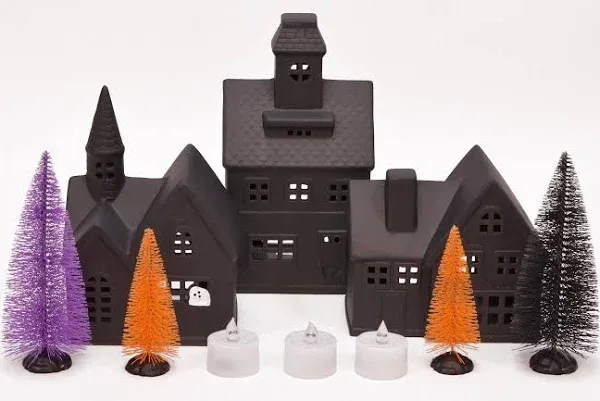 Mark Feldstein & Associates Black Porcelain Haunted Halloween LED Village, with Trees and Color Changing Tealights, 10 Piece Set