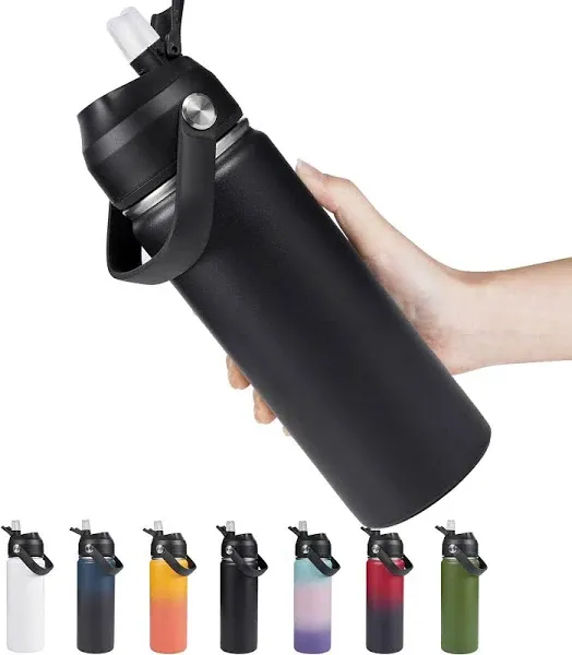 32oz Insulated Stainless Steel Water Bottle, Wide Mouth Double Wall Vacuum, Silicone Straw, Sweat & Leak Proof, BPA Free Insulated Water Flask for Travel, Keep Cold 24h Hot 12h, Black