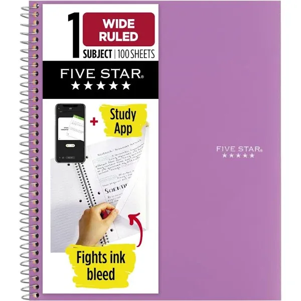 Five Star Spiral Notebook, 1 Subject, Wide Ruled Paper, 100 Sheets, 10-1/2" x 8", Red (72017)