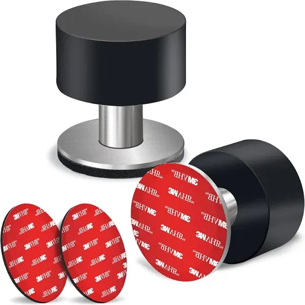 2 Pack Door Stoppers Stop with Extra Stickers, Self-Adhesive Door Stops with Black Rubber Bumper & Stainless Steel Body - Heavy Duty Door Knob Wall Protector Sound Dampening for Home & Office Use