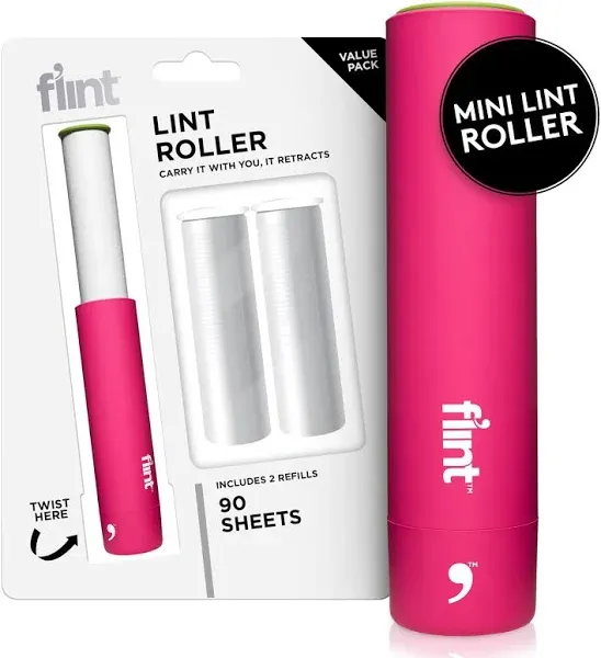 Flint Classic Pink Retractable Mini Lint Roller with 90 Extra Sticky Sheets, ...