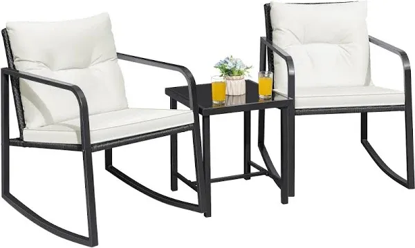 Flamaker Patio Chairs 3 Piece Wicker Rocking Chair Outdoor Bistro Sets with Coffee Table and Cushions Metal Frame Patio Furniture for Porch, Balcony