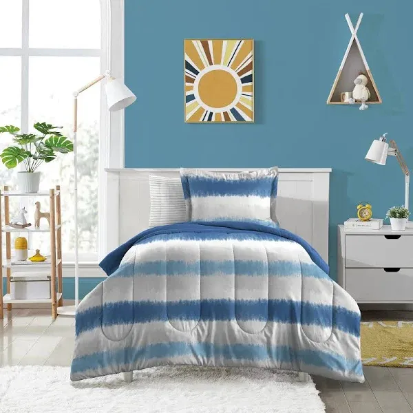 dream FACTORY Kids 7-Piece Complete Bed Set Easy-Wash Super Soft Microfiber Comforter Bedding, Full, Blue Tie Dye Stripe,2D872902BL