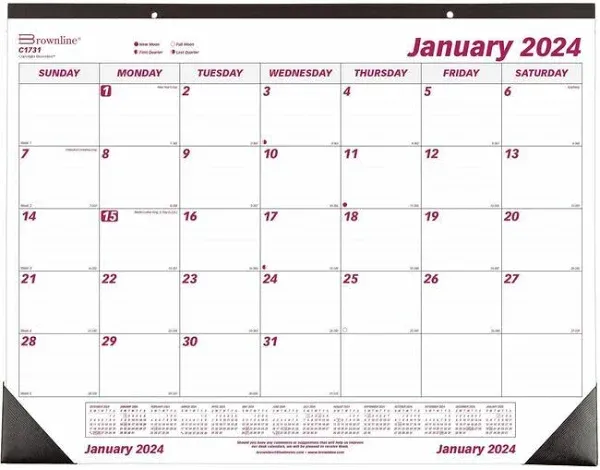 Monthly Desk Pad Calendar, 22 x 17, White/Burgundy Sheets, Black Binding, Black Corners, 12-Month (Jan to Dec): 2025