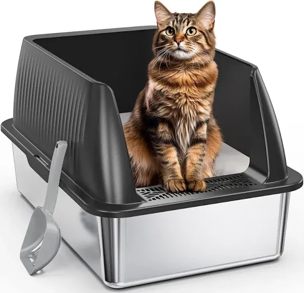 Petterm Stainless Steel Litter Box,XL Metal Litter Box with Lid,14”High Side Cat Litter Box for Big Cats and Kittens,Extra Large Litter Box with Scoop