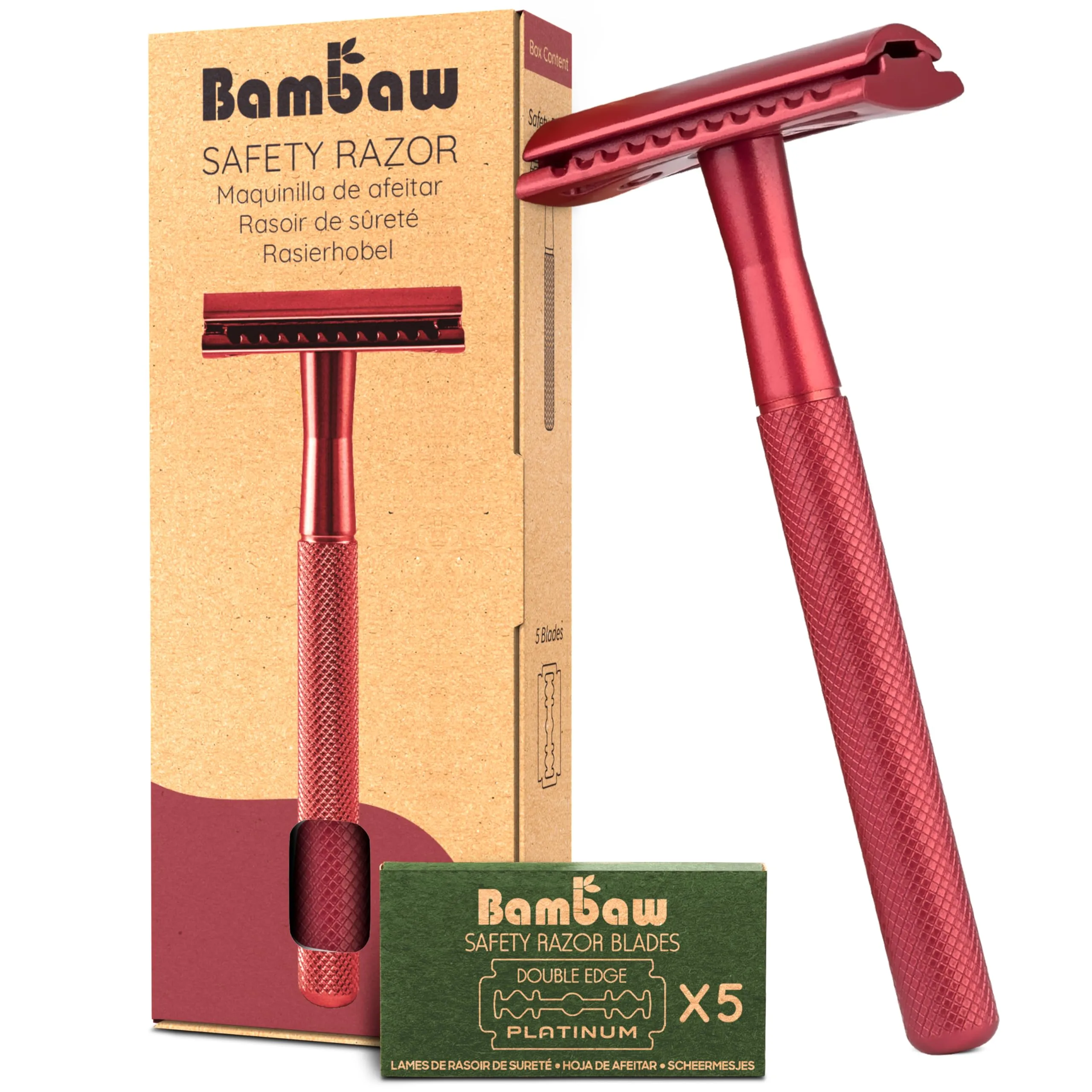 Bambaw Single Blade Double Edged Safety Razor with 5 Safety Razor Blades, Metal Razor for Men & Women, Single Blade Eco Razor – Red