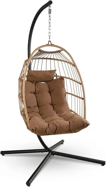 SereneLife Hanging Egg Chair with Stand - Up to 550 lbs of Capacity - Beautiful Swinging Basket Chair with Base Made from Wicker Rattan and Powder-Coated Steel Frame - Egg Swing Chair with Stand