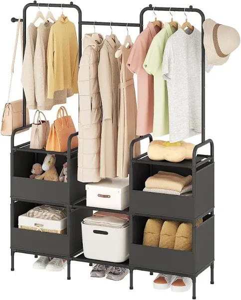 Laiensia Clothes Rack,3 Rods Portable Clothing Hanging Garment Rack,Coat and Shoe Rack with 4 Storage Shelves and 4 Storage Pockets,for Bedroom,Entryway,Living Room,Black