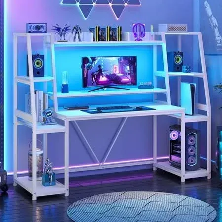 Afuhokles 65.7 inch Gaming Desk with LED Lights, Hutch and Storage Shelves